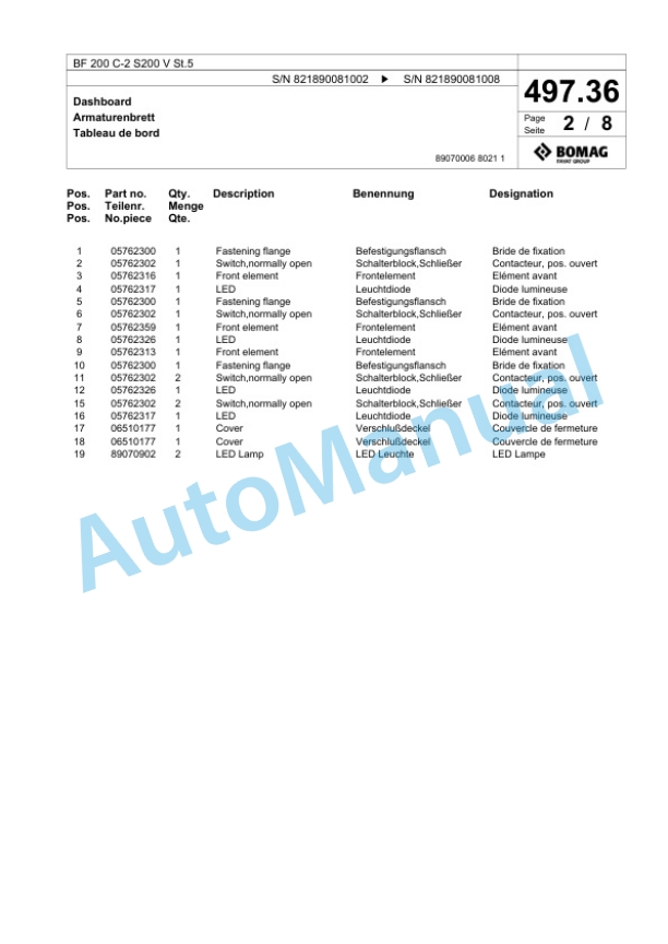 Bomag BF 200 C-2 S200 V St5 Paver Spare Parts Catalogue 00825871-5