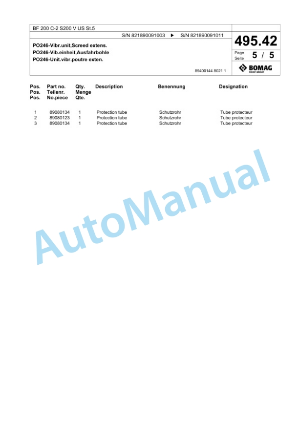 Bomag BF 200 C-2 S200 V US St5 Paver Spare Parts Catalogue 00825873-4