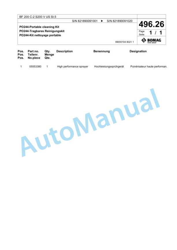 Bomag BF 200 C-2 S200 V US St5 Paver Spare Parts Catalogue 00825873-5