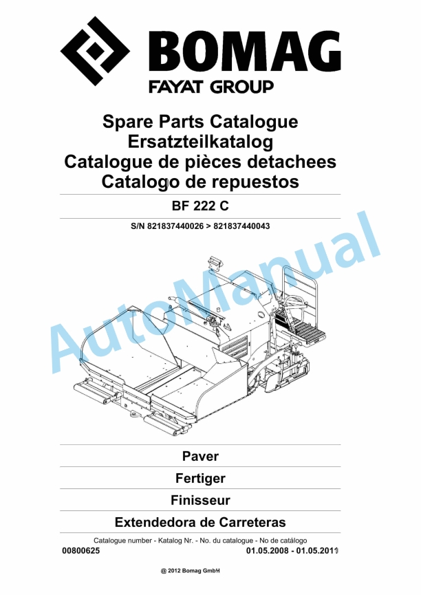 Bomag BF 222 C Paver Spare Parts Catalogue 00800625