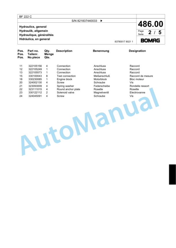 Bomag BF 222 C Paver Spare Parts Catalogue 00800625-3