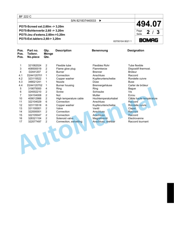 Bomag BF 222 C Paver Spare Parts Catalogue 00800625-4