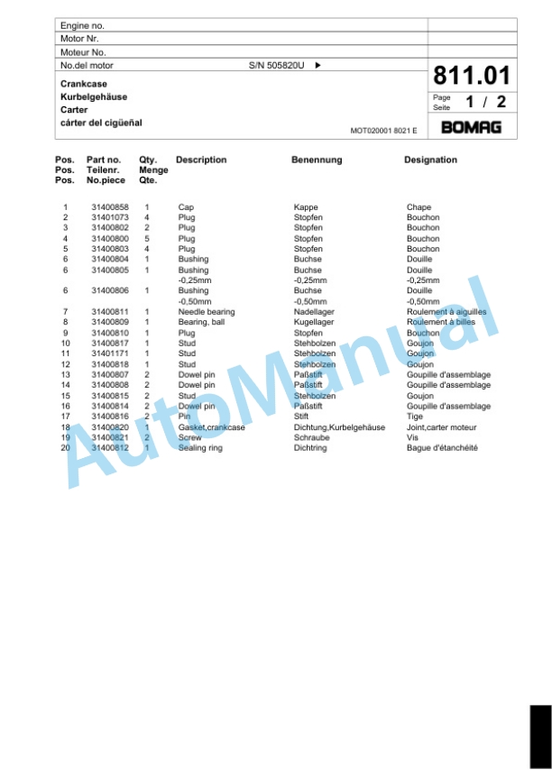 Bomag BF 222 C Paver Spare Parts Catalogue 00800625-5