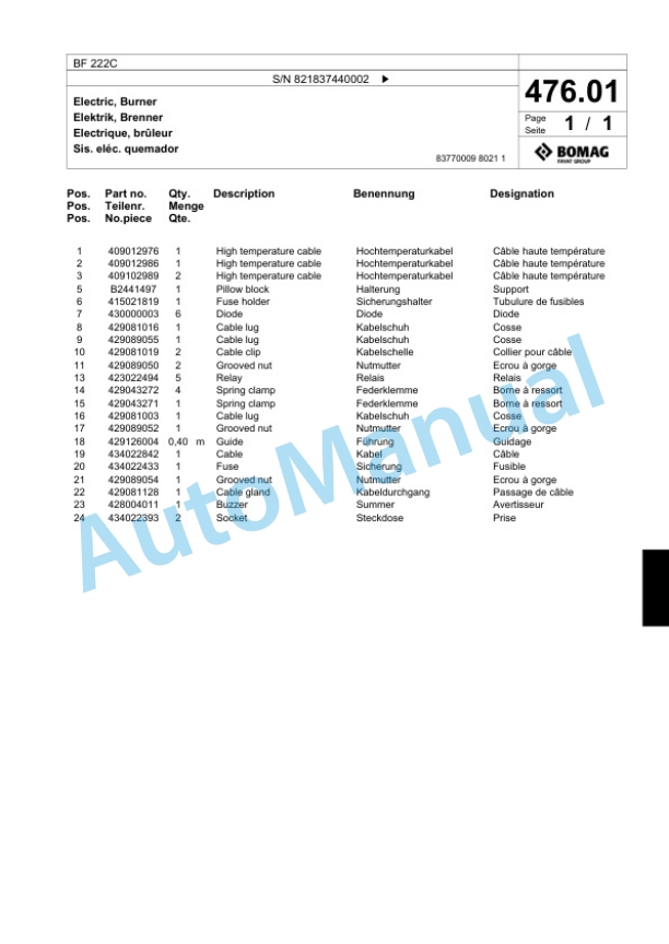 Bomag BF 222C Paver Spare Parts Catalogue 00800734-2