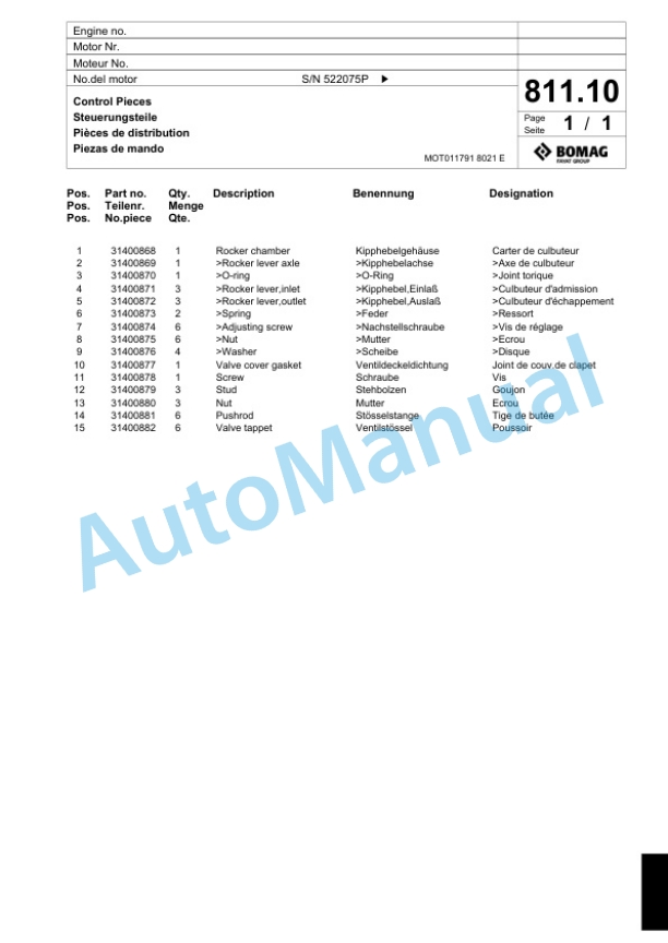 Bomag BF 222C Paver Spare Parts Catalogue 00800734-4