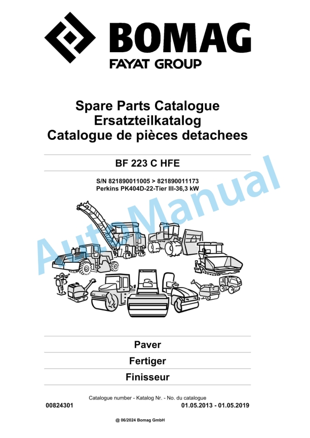 Bomag BF 223 C HFE Paver Spare Parts Catalogue 00824301