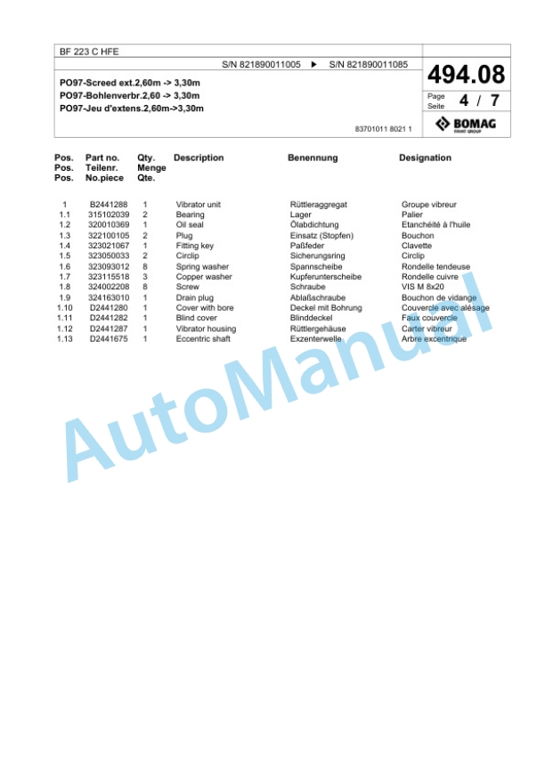 Bomag BF 223 C HFE Paver Spare Parts Catalogue 00824301-3