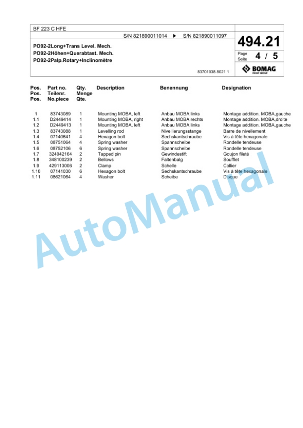 Bomag BF 223 C HFE Paver Spare Parts Catalogue 00824301-4
