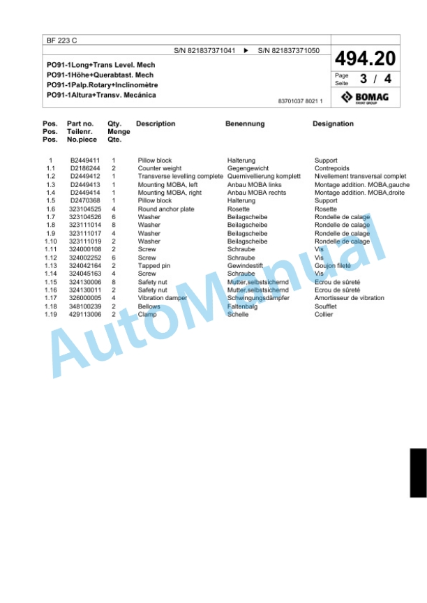 Bomag BF 223 C Paver Spare Parts Catalogue 00800619-3