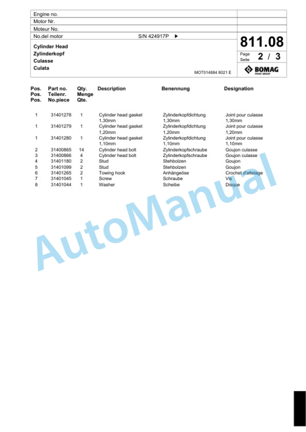Bomag BF 223 C Paver Spare Parts Catalogue 00800619-5