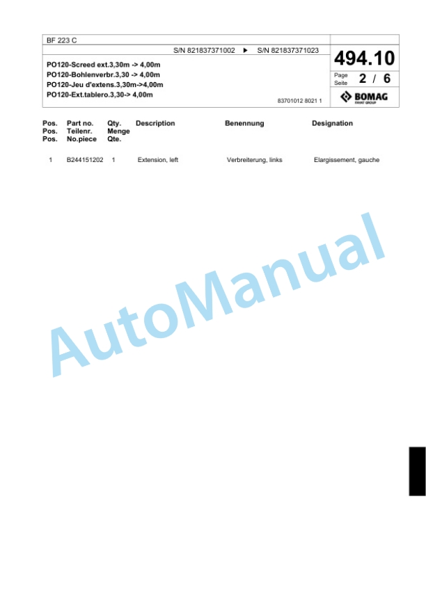 Bomag BF 223 C Paver Spare Parts Catalogue 00800741-3