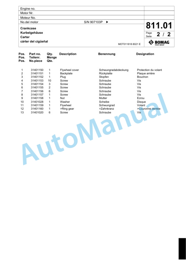 Bomag BF 223 C Paver Spare Parts Catalogue 00800741-4