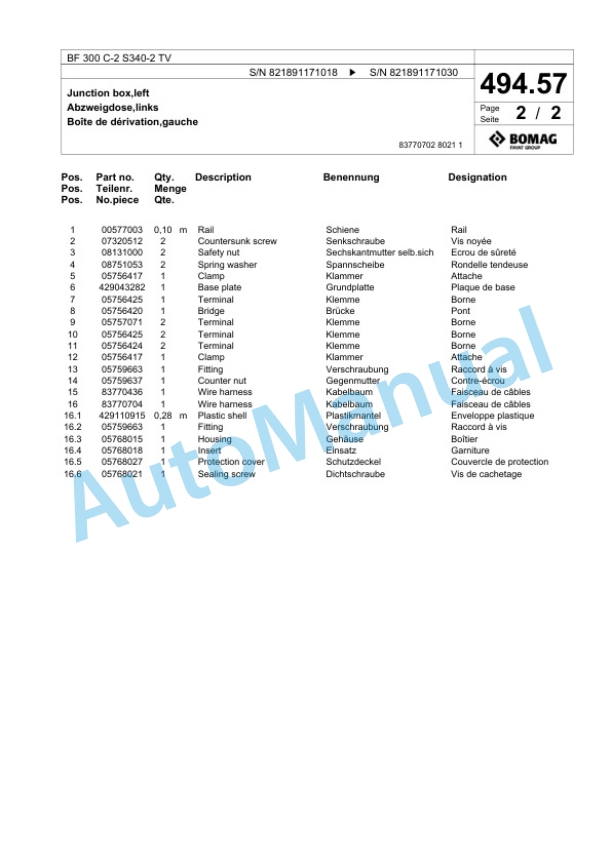 Bomag BF 300 C-2 S340-2 TV Paver Spare Parts Catalogue 00800809-3