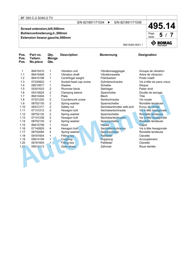 Bomag BF 300 C-2 S340-2 TV Paver Spare Parts Catalogue 00800809-4