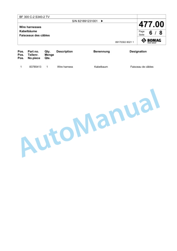Bomag BF 300 C-2 S340-2 TV Paver Spare Parts Catalogue 00825649-2