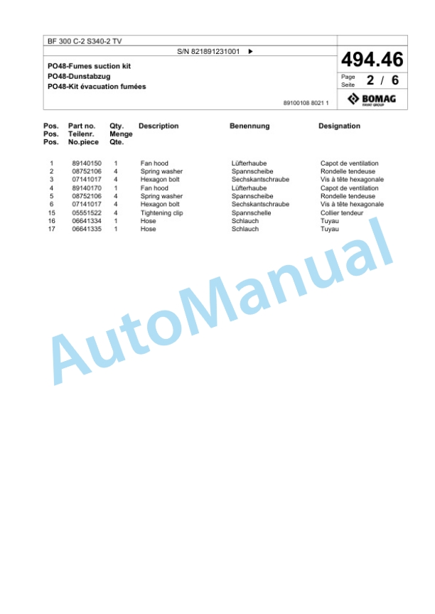 Bomag BF 300 C-2 S340-2 TV Paver Spare Parts Catalogue 00825649-3