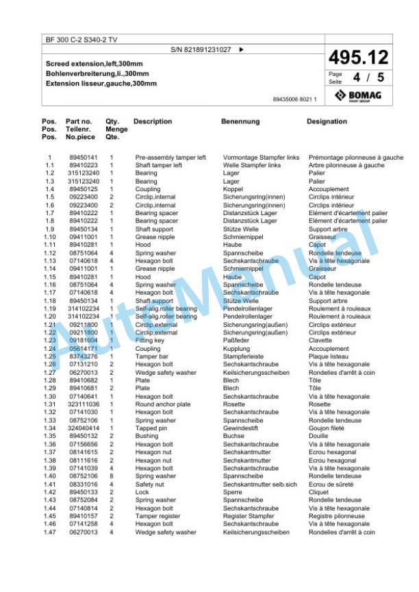 Bomag BF 300 C-2 S340-2 TV Paver Spare Parts Catalogue 00825649-4