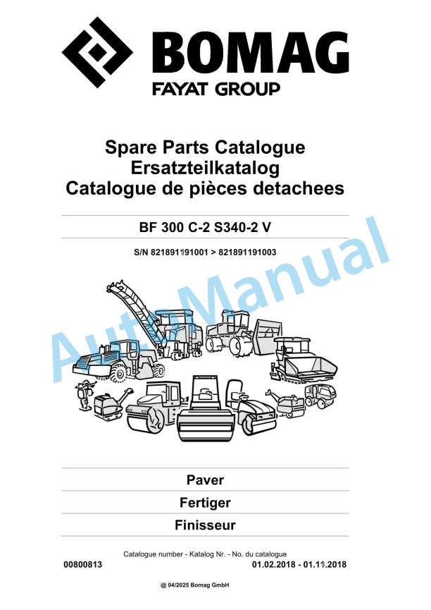 Bomag BF 300 C-2 S340-2 V Paver Spare Parts Catalogue 00800813