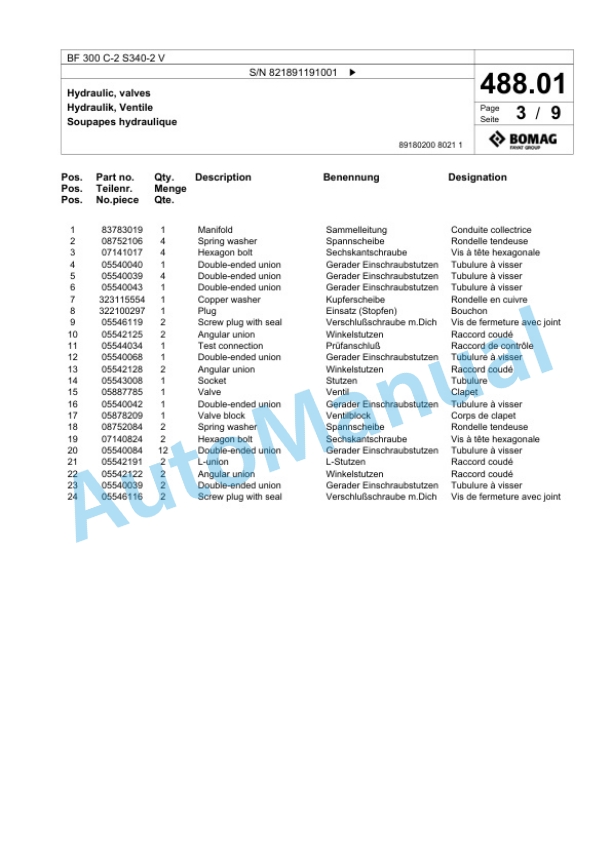Bomag BF 300 C-2 S340-2 V Paver Spare Parts Catalogue 00800813-2