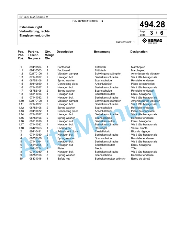Bomag BF 300 C-2 S340-2 V Paver Spare Parts Catalogue 00800813-3