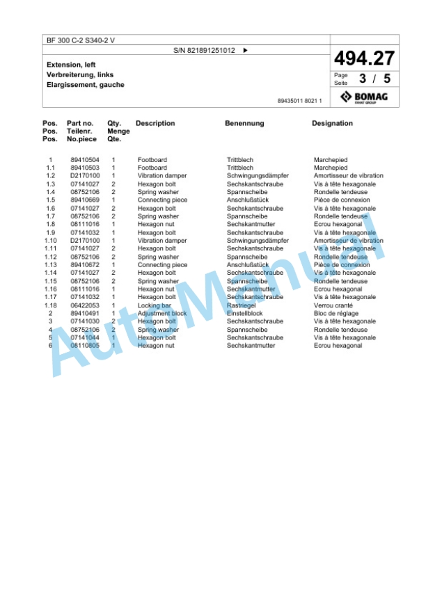 Bomag BF 300 C-2 S340-2 V Paver Spare Parts Catalogue 00825653-3