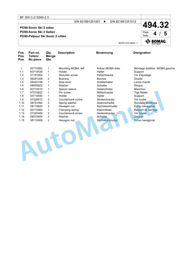 Bomag BF 300 C-2 S340-2 V Paver Spare Parts Catalogue 00825653-4