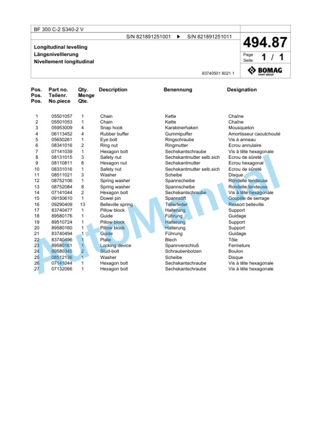 Bomag BF 300 C-2 S340-2 V Paver Spare Parts Catalogue 00825653-5