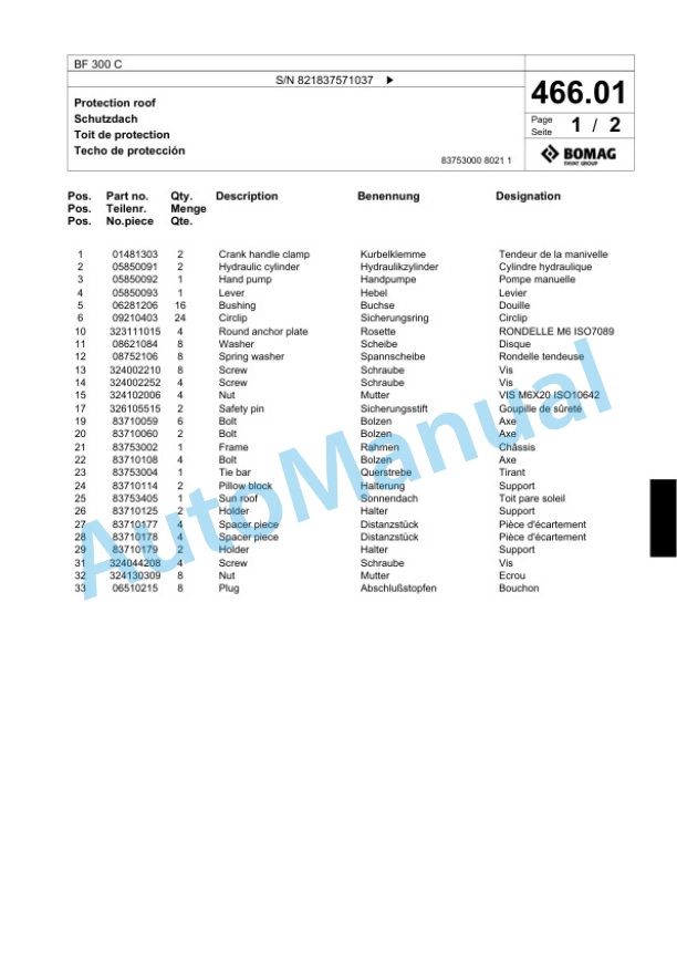 Bomag BF 300 C Paver Spare Parts Catalogue 00800649-2