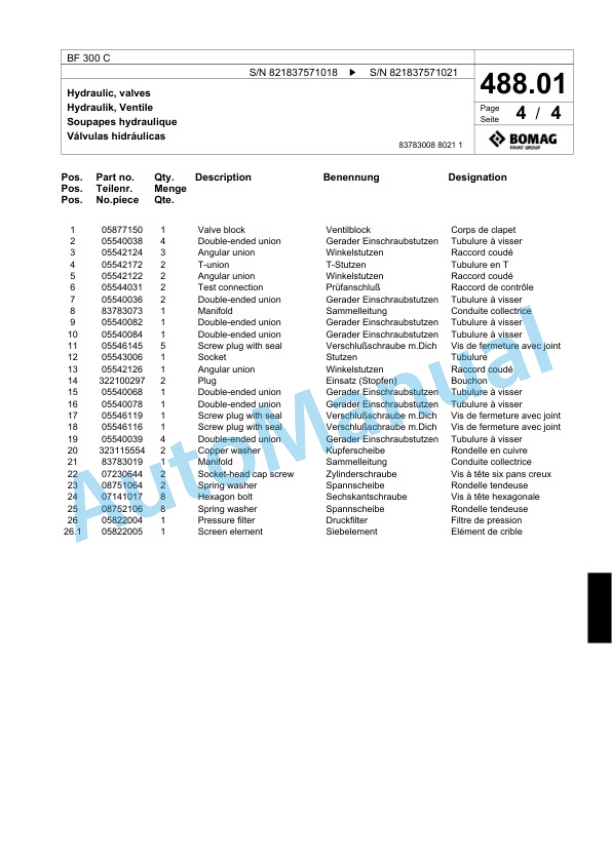 Bomag BF 300 C Paver Spare Parts Catalogue 00800649-3