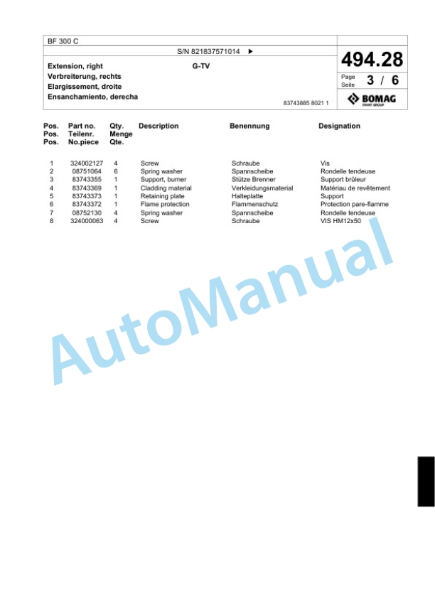 Bomag BF 300 C Paver Spare Parts Catalogue 00800649-5