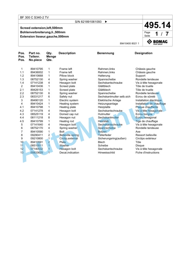 Bomag BF 300 C S340-2 TV Paver Spare Parts Catalogue 00800757-4