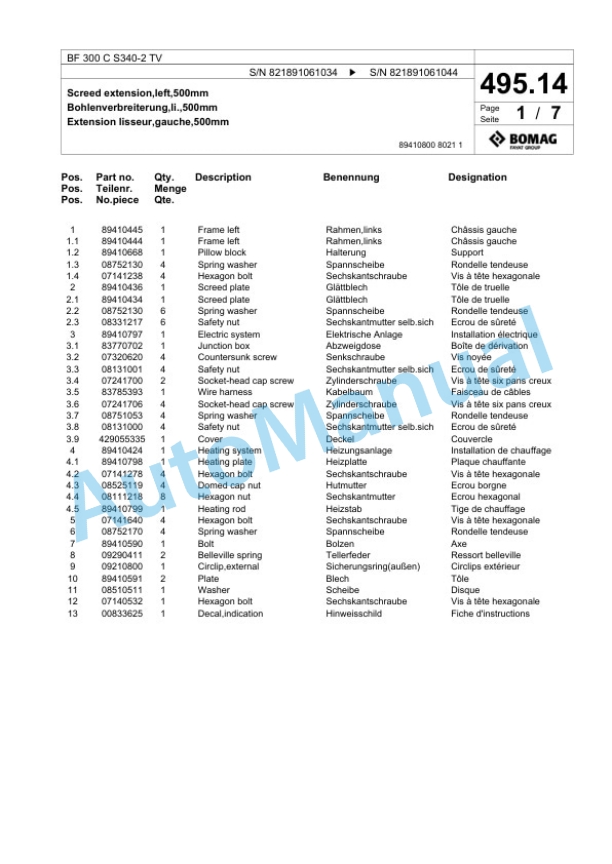 Bomag BF 300 C S340-2 TV Paver Spare Parts Catalogue 00800757-5