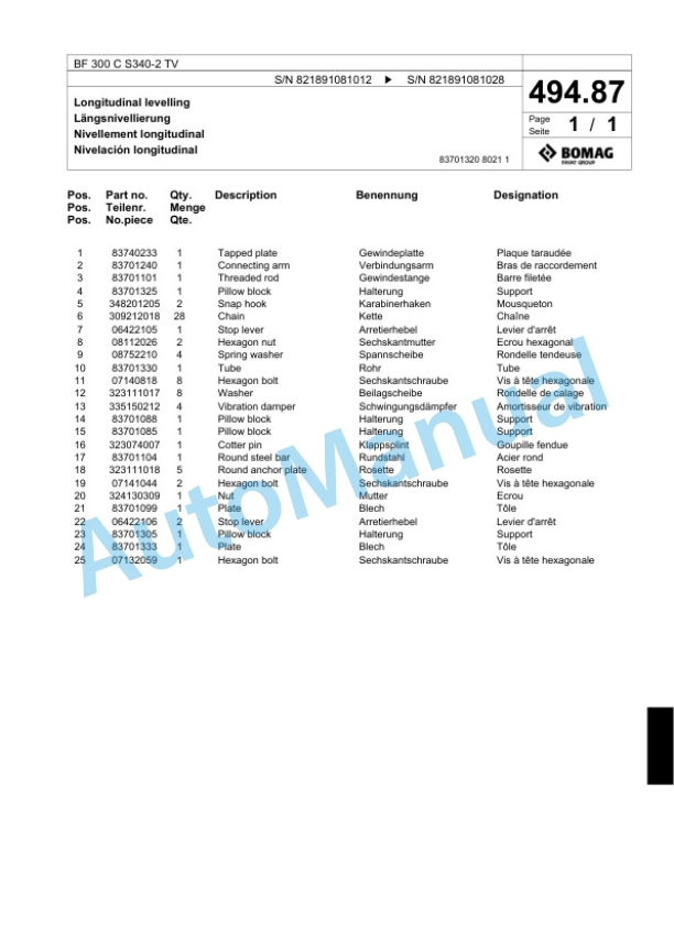 Bomag BF 300 C S340-2 TV Paver Spare Parts Catalogue 00800761-3