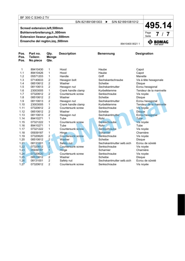 Bomag BF 300 C S340-2 TV Paver Spare Parts Catalogue 00800761-4