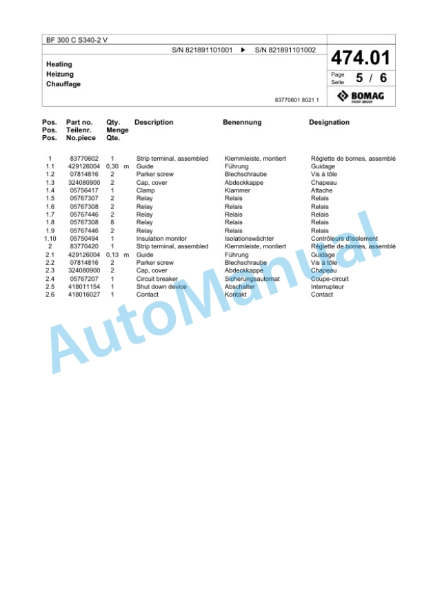 Bomag BF 300 C S340-2 V Paver Spare Parts Catalogue 00800765-2