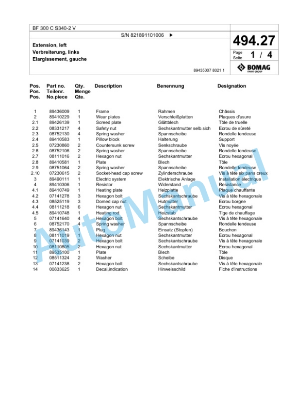 Bomag BF 300 C S340-2 V Paver Spare Parts Catalogue 00800765-3
