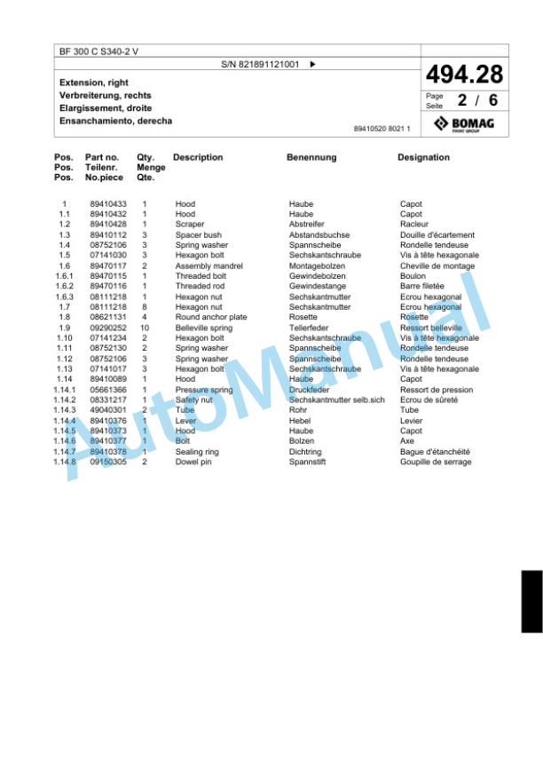 Bomag BF 300 C S340-2 V Paver Spare Parts Catalogue 00800769-3