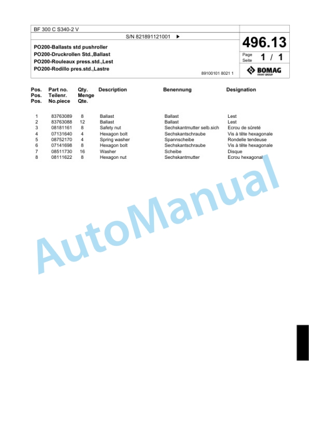 Bomag BF 300 C S340-2 V Paver Spare Parts Catalogue 00800769-4