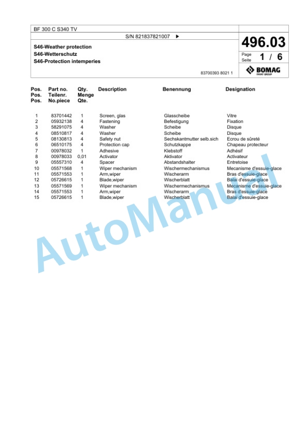 Bomag BF 300 C S340 TV Paver Spare Parts Catalogue 00800717-5