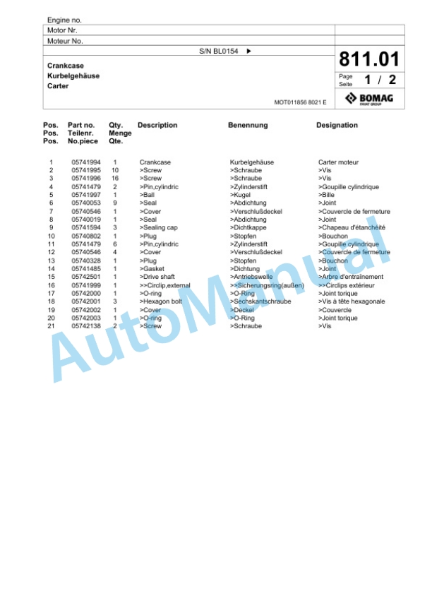 Bomag BF 300 C S340 TV Paver Spare Parts Catalogue 00824191-5