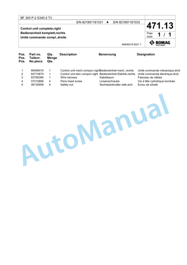 Bomag BF 300 P-2 S340-2 TV Paver Spare Parts Catalogue 00800811-2