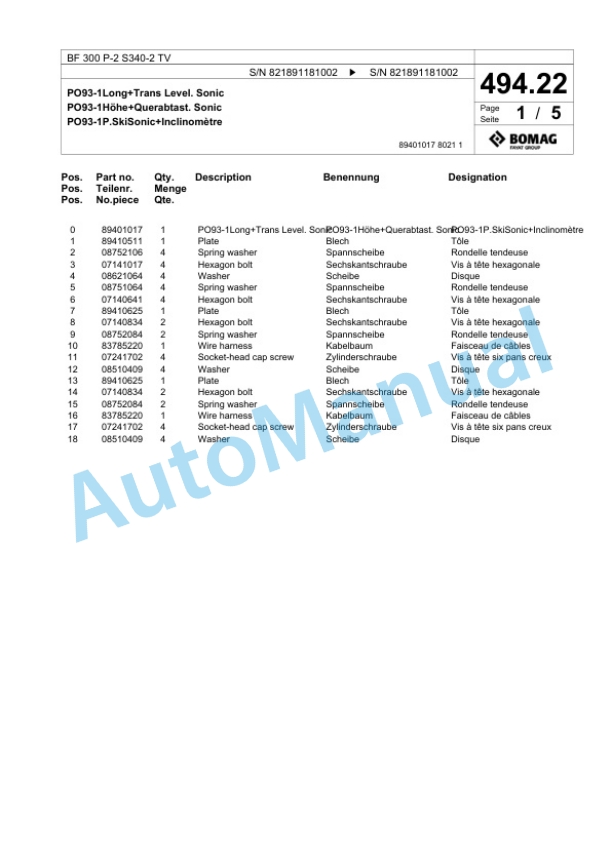 Bomag BF 300 P-2 S340-2 TV Paver Spare Parts Catalogue 00800811-3