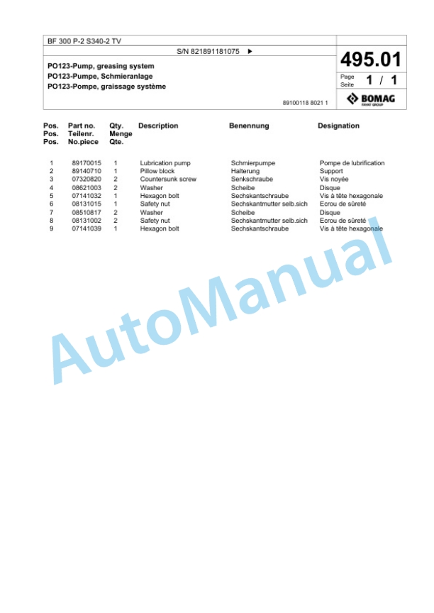 Bomag BF 300 P-2 S340-2 TV Paver Spare Parts Catalogue 00800811-5