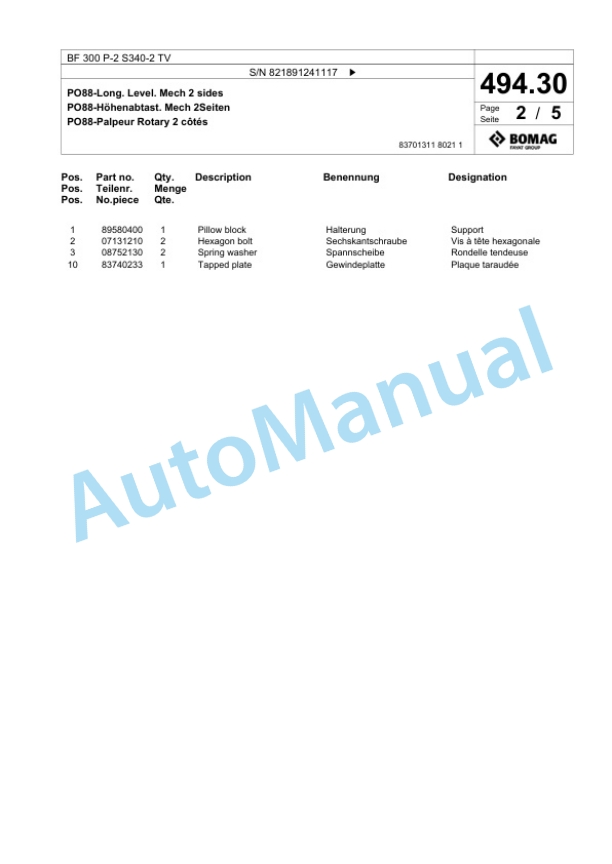 Bomag BF 300 P-2 S340-2 TV Paver Spare Parts Catalogue 00825651-3