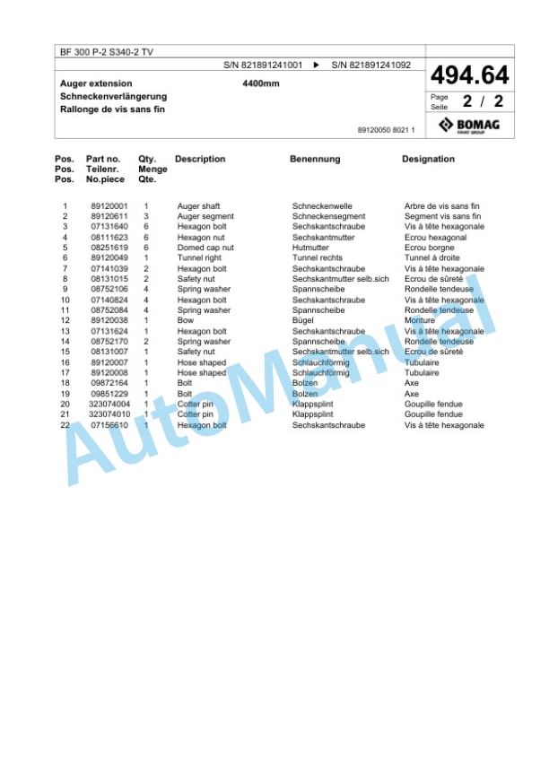 Bomag BF 300 P-2 S340-2 TV Paver Spare Parts Catalogue 00825651-4