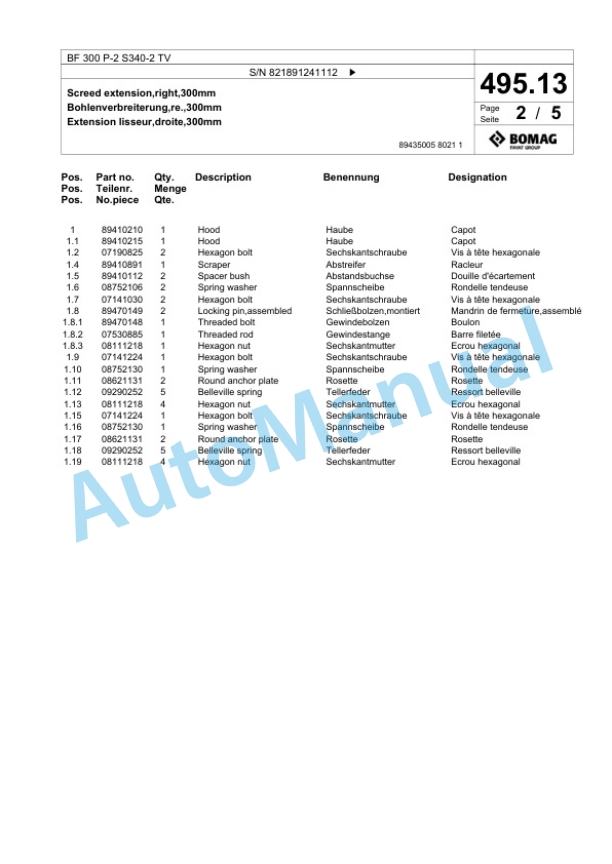 Bomag BF 300 P-2 S340-2 TV Paver Spare Parts Catalogue 00825651-5
