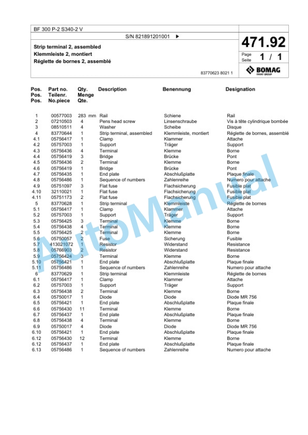 Bomag BF 300 P-2 S340-2 V Paver Spare Parts Catalogue 00800815-2