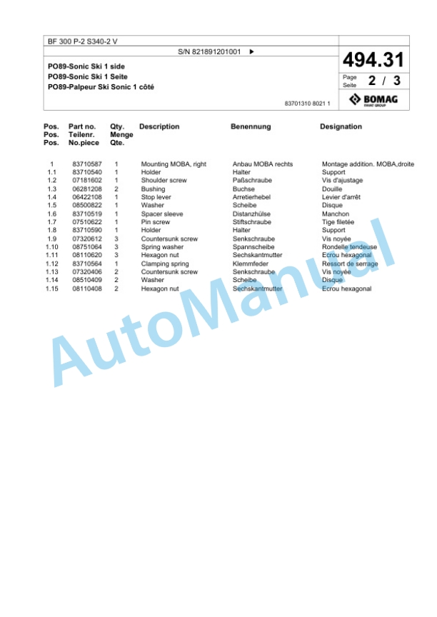Bomag BF 300 P-2 S340-2 V Paver Spare Parts Catalogue 00800815-4
