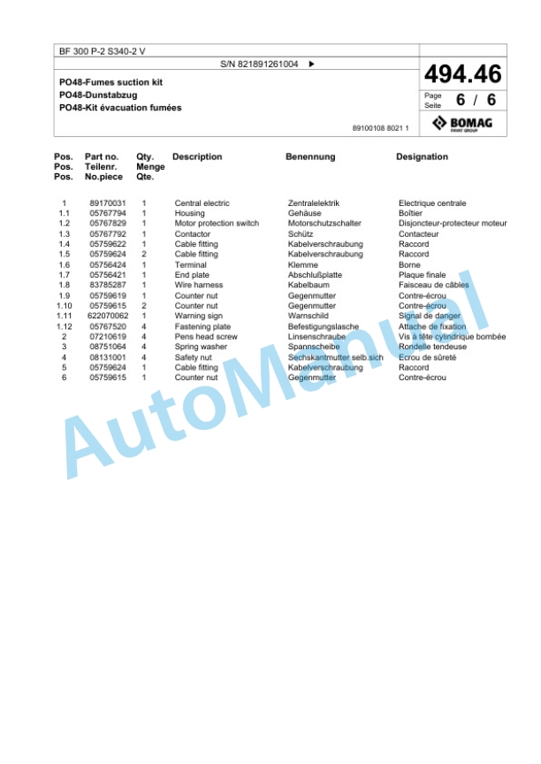 Bomag BF 300 P-2 S340-2 V Paver Spare Parts Catalogue 00825655-4