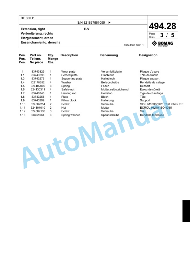 Bomag BF 300 P Paver Spare Parts Catalogue 00800647-5